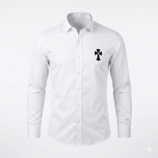 CHROME HEARTS Celestial Pearl Tailored Fit Long Sleeve Satin Lycra Party Shirt