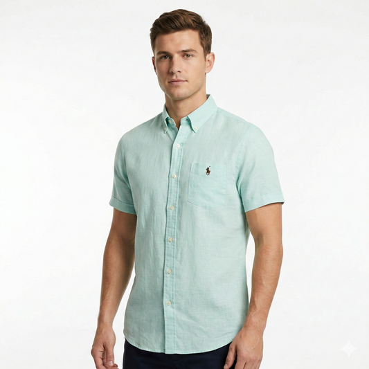 POLO RALPH LAUREN Serene Aqua Classic Fit Short Sleeve Linen Shirt
