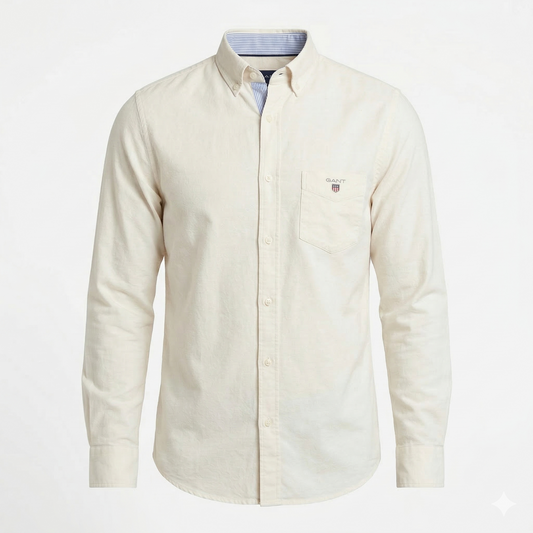 GANT Ethereal Cream Tailored Fit Long Sleeve Linen-Blend Shirt
