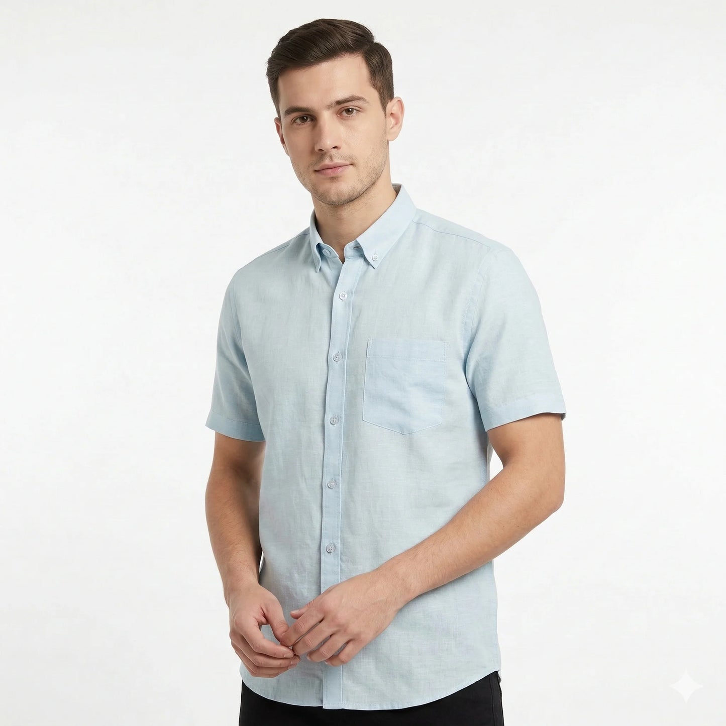 BOSS Serene Aqua Tailored Fit Short Sleeve Linen-Blend Shirt
