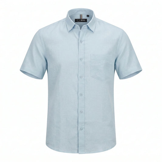 BOSS Serene Aqua Tailored Fit Short Sleeve Linen-Blend Shirt