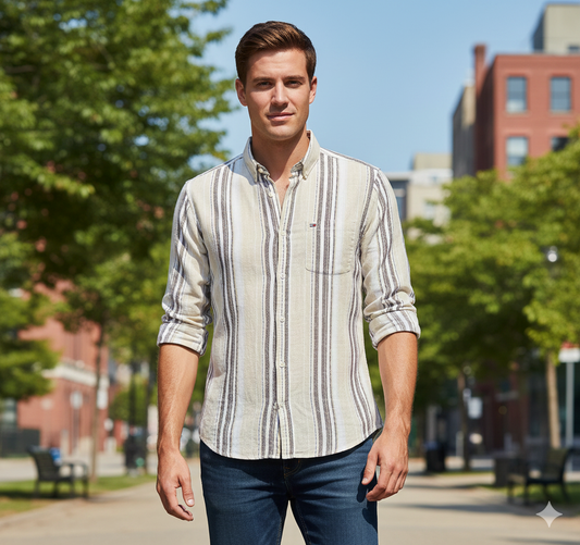 TOMMY HILFIGER Sandstone Silk-Smooth Tailored Fit Long Sleeve Striped Shirt
