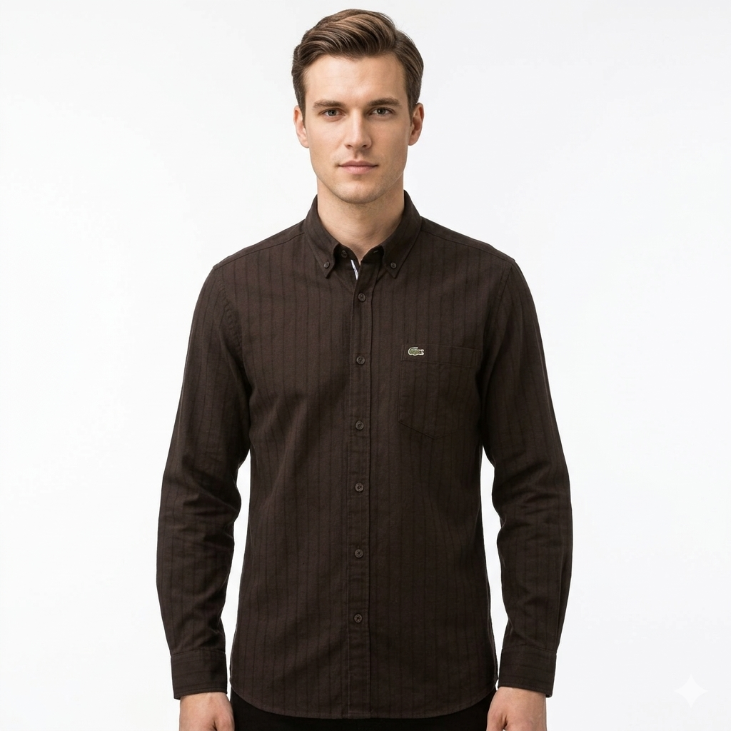 Lacoste Classic Fit Striped Button-Up Shirt In Deep Brown