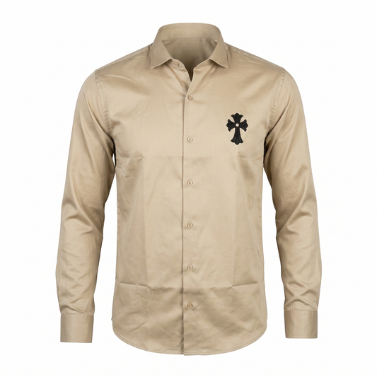CHROME HEARTS Sunbeam Sable Tailored Fit Long Sleeve Satin Shirt with Cross Embroidery