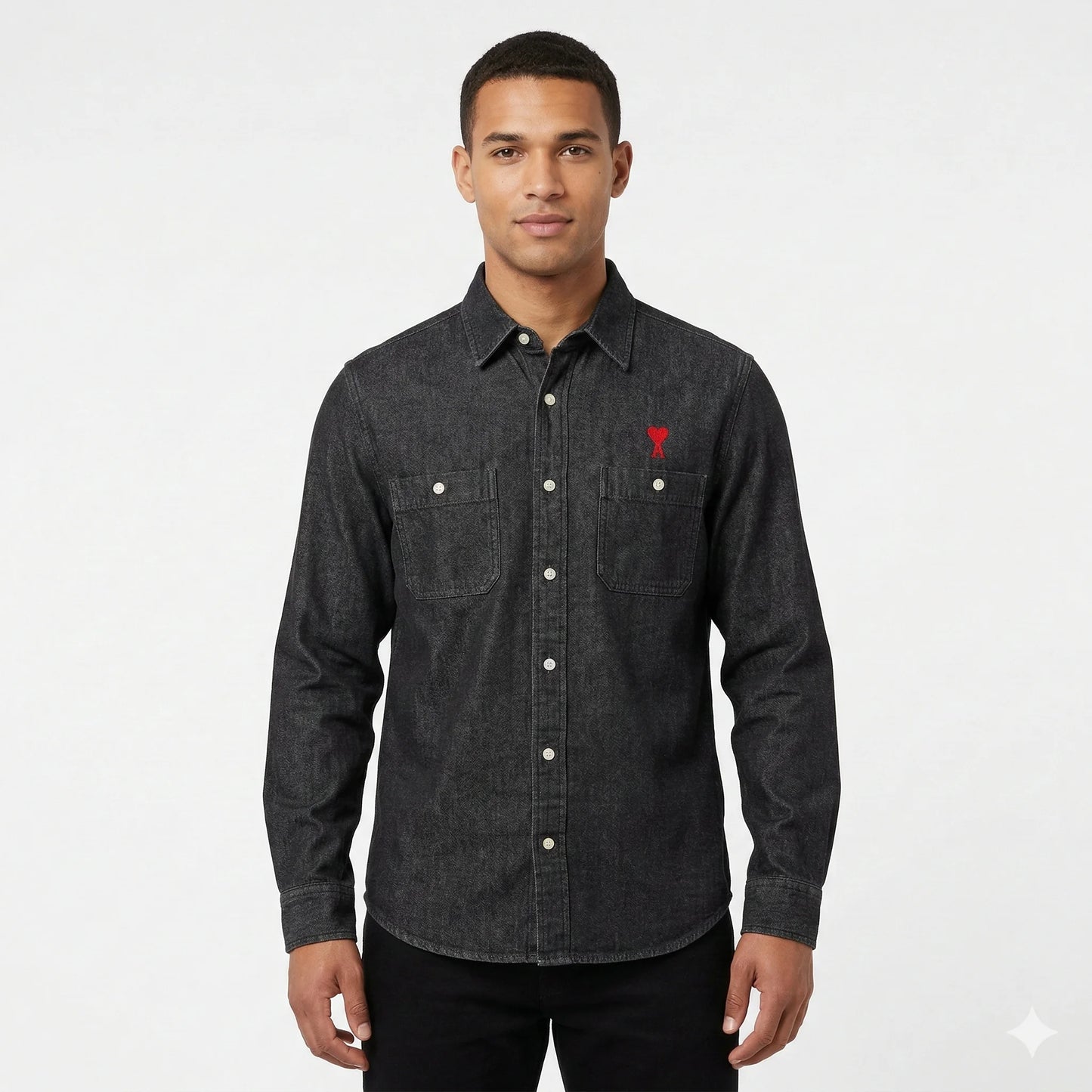 AMI Starlit Charcoal Slim Fit Long Sleeve Denim Shirt with Heart Emblem