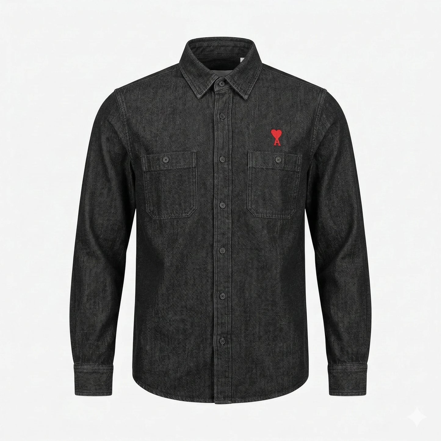 AMI Starlit Charcoal Slim Fit Long Sleeve Denim Shirt with Heart Emblem