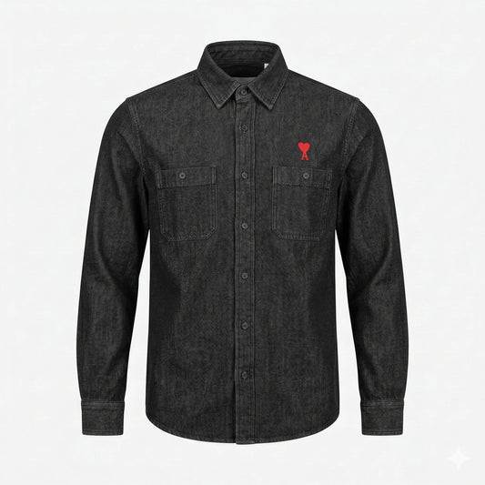 AMI Starlit Charcoal Slim Fit Long Sleeve Denim Shirt with Heart Emblem