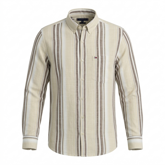 TOMMY HILFIGER Sandstone Silk-Smooth Tailored Fit Long Sleeve Striped Shirt