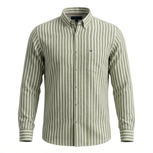 TOMMY HILFIGER Regular Fit Full Sleeve Linen Light Green Stripe Shirt