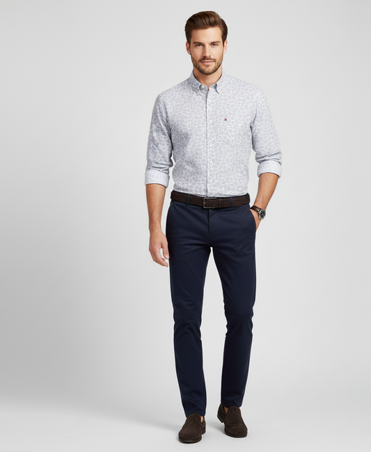 TOMMY HILFIGER Misty Silver Modern Fit Long Sleeve Button-Up Shirt