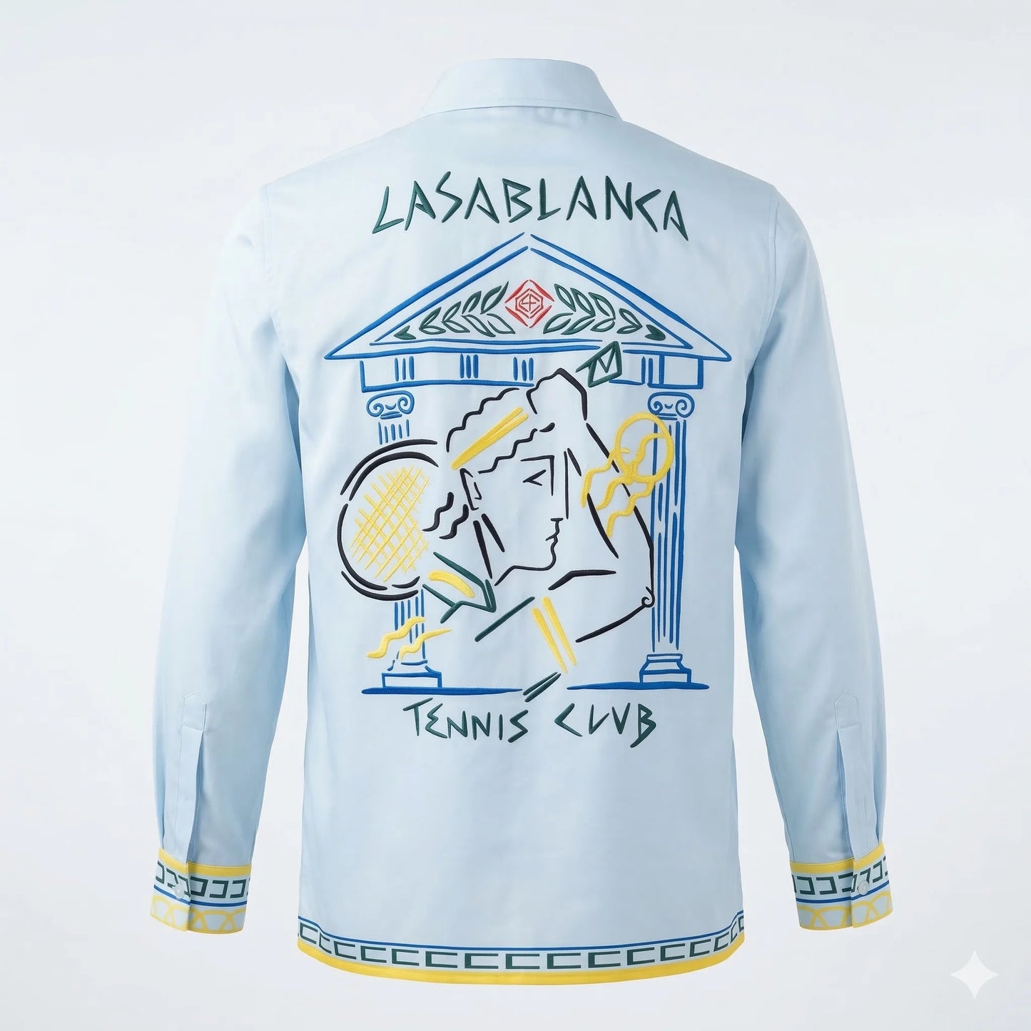 CASA BLANCA Celestial Aqua Graphic Fit Long Sleeve Satin Lycra Party Shirt