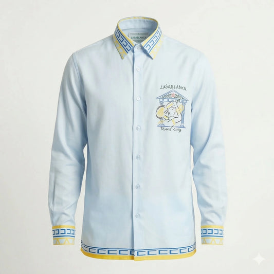 CASA BLANCA Celestial Aqua Graphic Fit Long Sleeve Satin Lycra Party Shirt