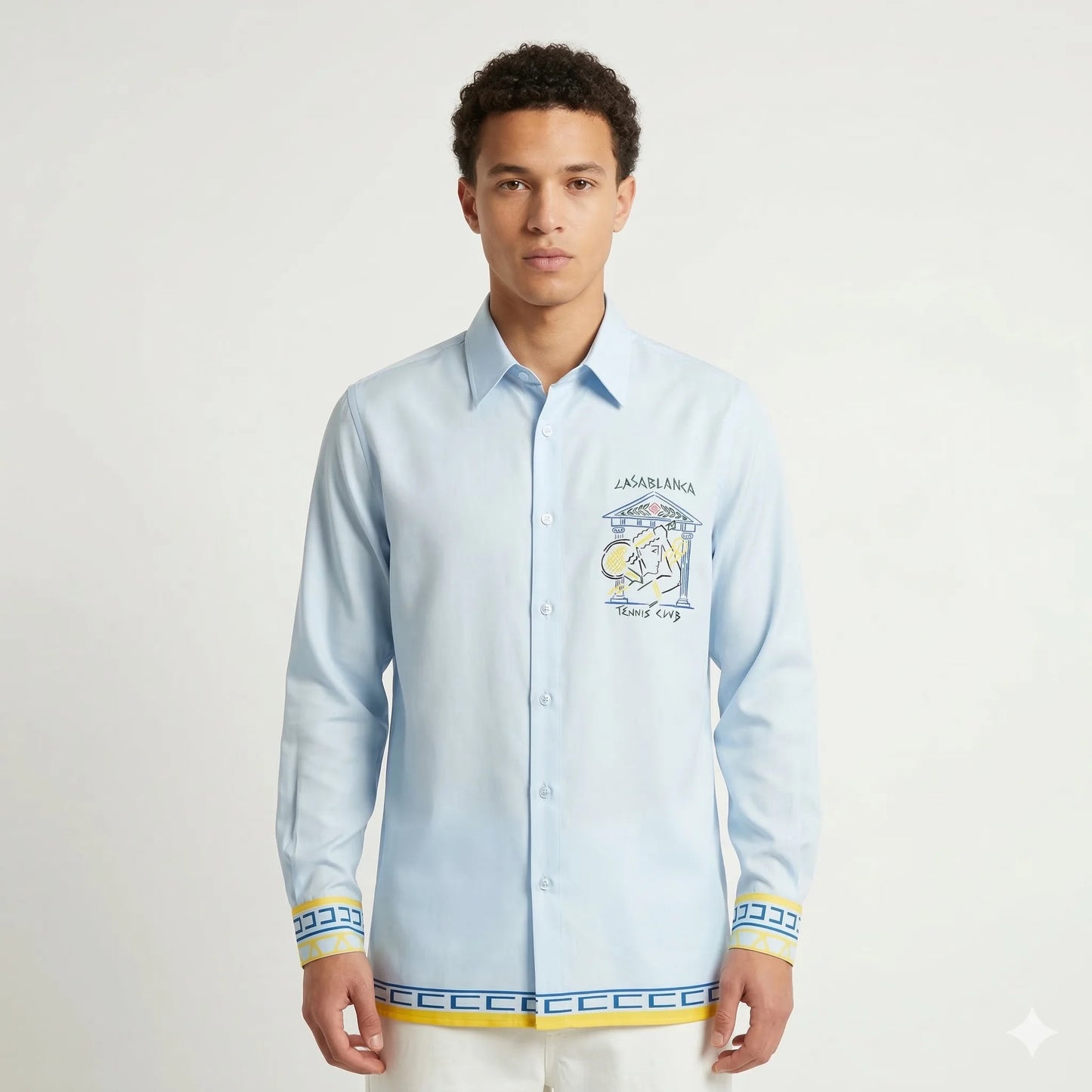 CASA BLANCA Celestial Aqua Graphic Fit Long Sleeve Satin Lycra Party Shirt