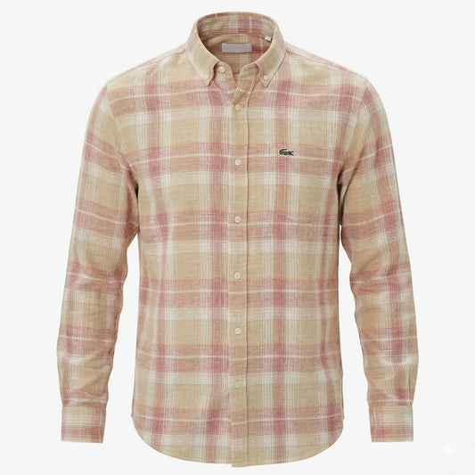LACOSTE Men's Slim Fit Checkered Button-Down Full Sleeve Linen Shirt