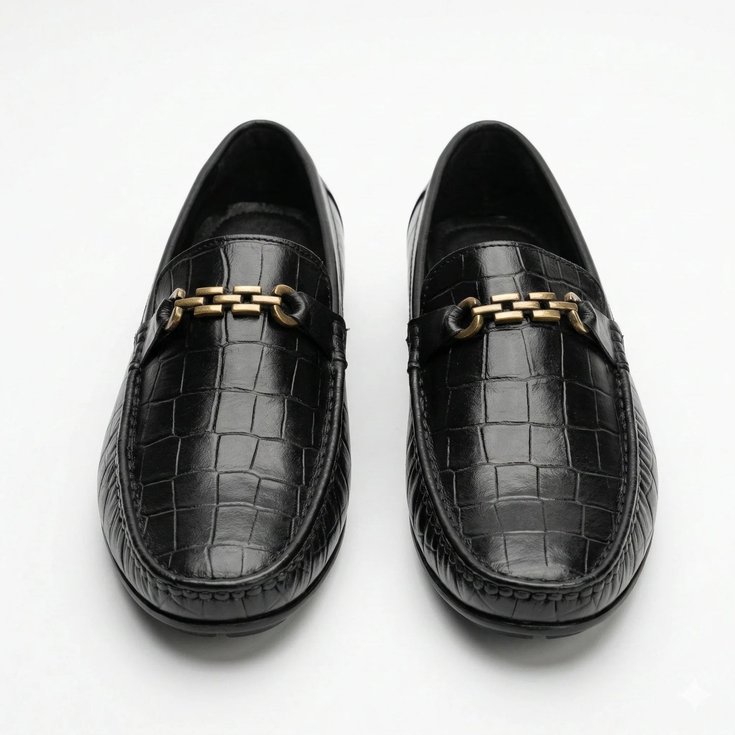 BLACKBERRY Midnight Onyx Luxe Crocodile-Embossed Leather Loafers with Chain Detail