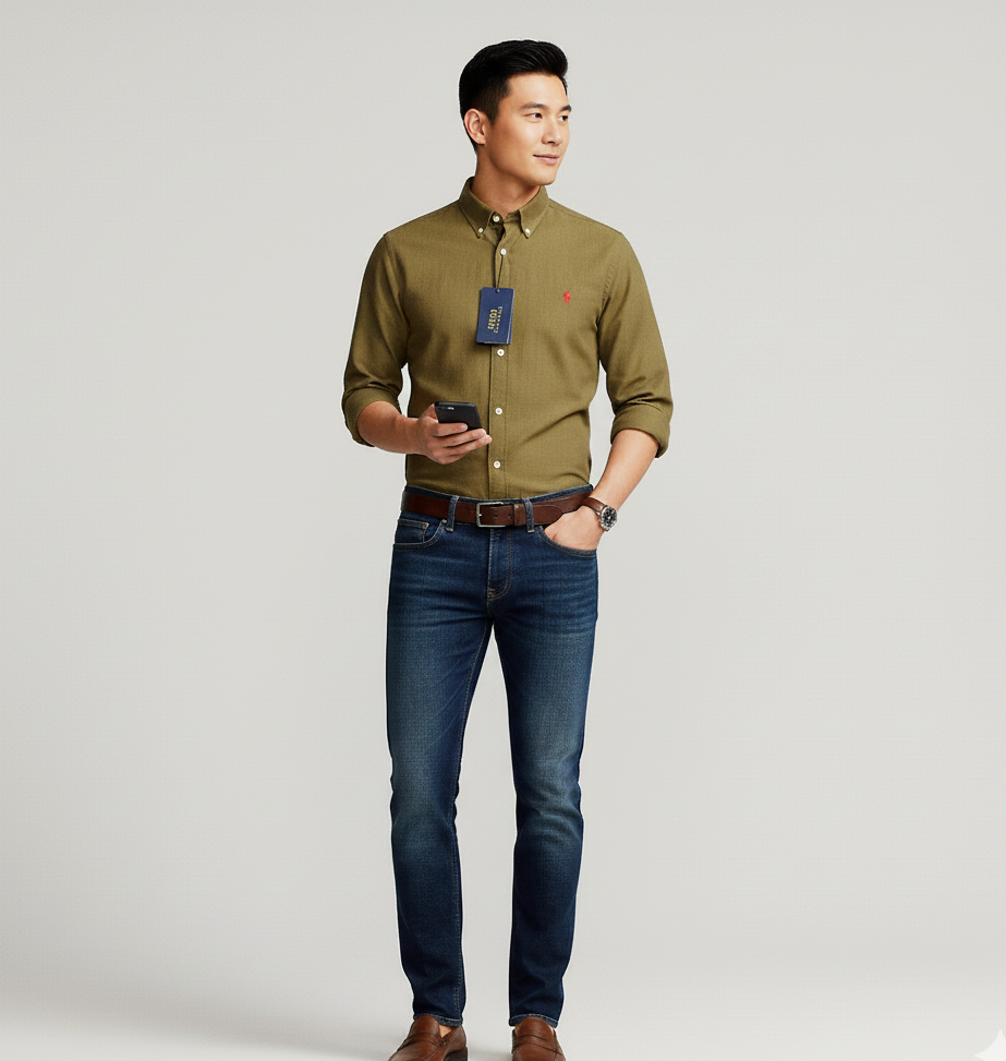 POLO RALPH LAUREN Classic Fit Olive Green Button-Up Shirt