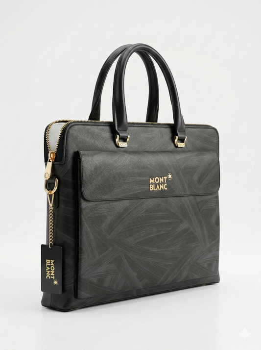 MONT BLANC Luminous Jet Black Elegant Leather Briefcase