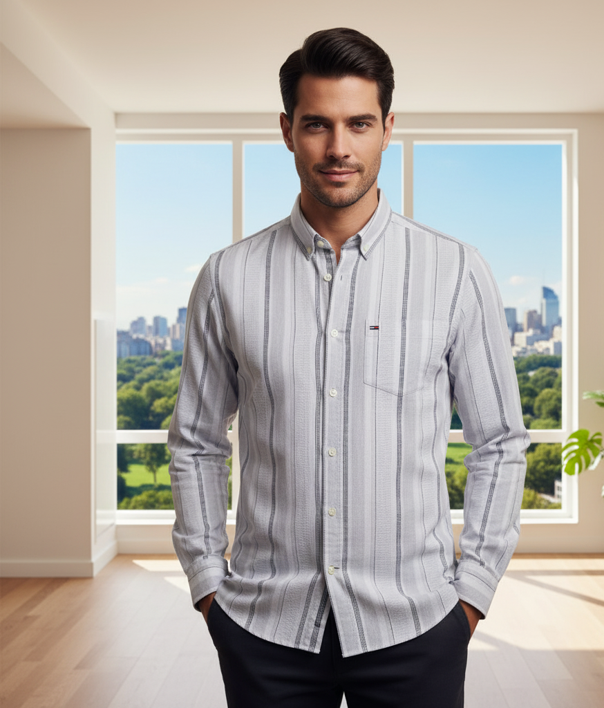 TOMMY HILFIGER Ethereal Silver Tailored Fit Striped Button-Up Shirt