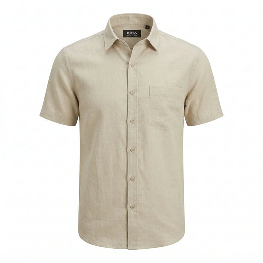 BOSS Warm Sand Effortless Fit Short Sleeve Linen Shirt