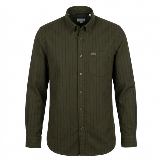 Lacoste Men's Long Sleeve Striped Button-Up Shirt in Olive Green