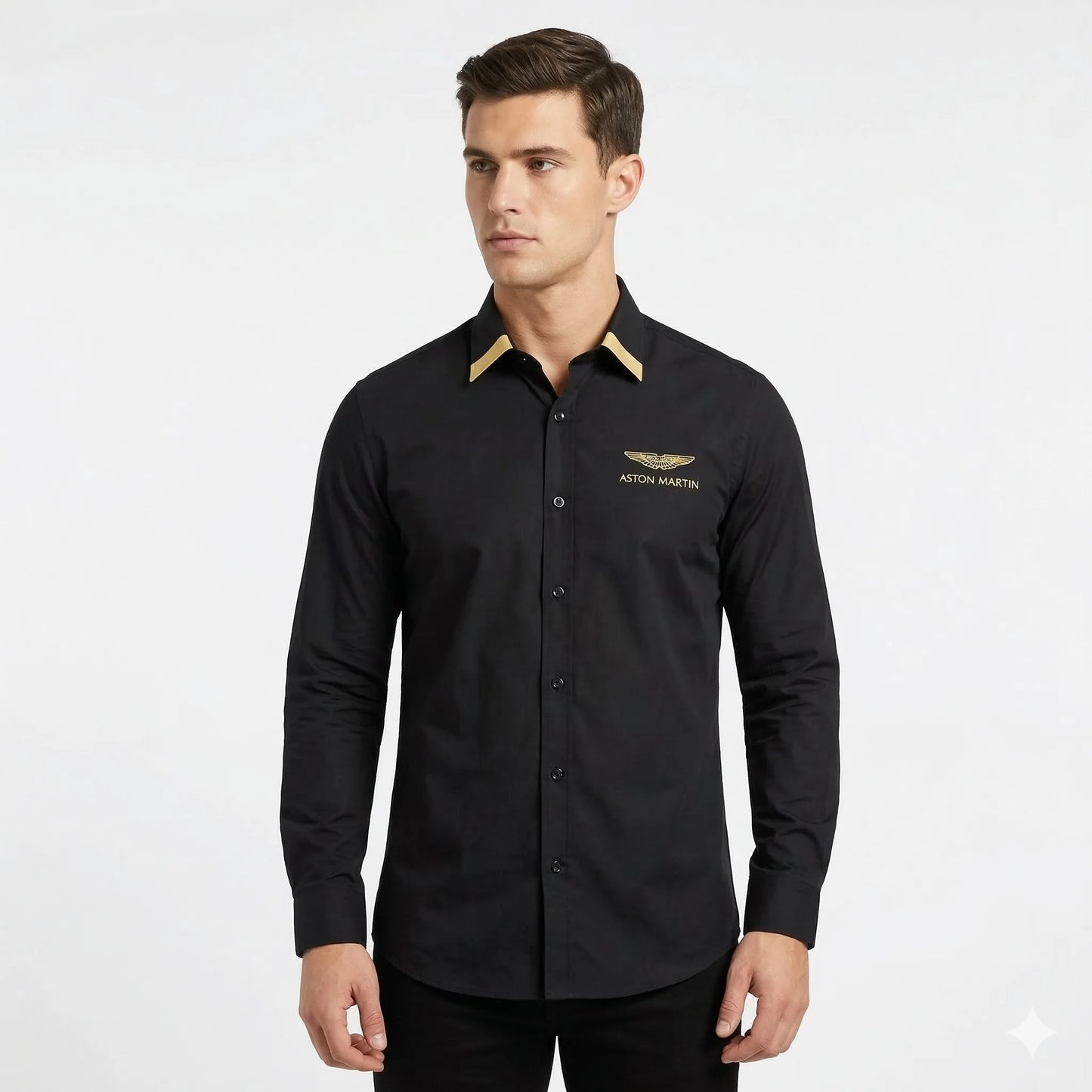 HACKETT x ASTON MARTIN Obsidian Gold Tailored Fit Long Sleeve Satin-Lycra Party Shirt
