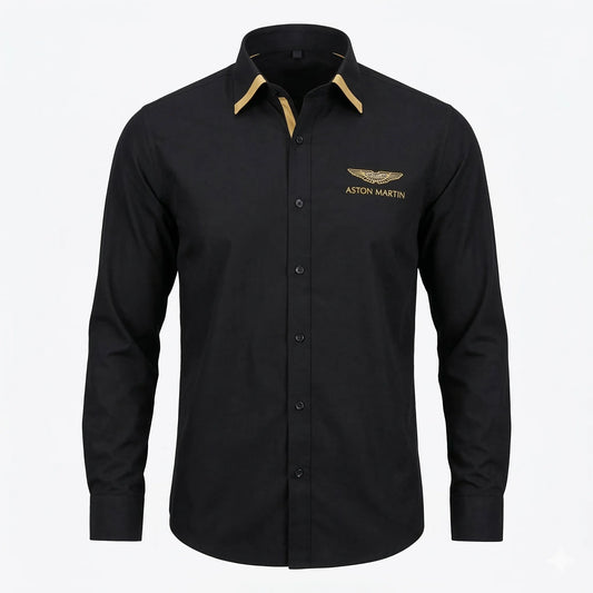 HACKETT x ASTON MARTIN Obsidian Gold Tailored Fit Long Sleeve Satin-Lycra Party Shirt