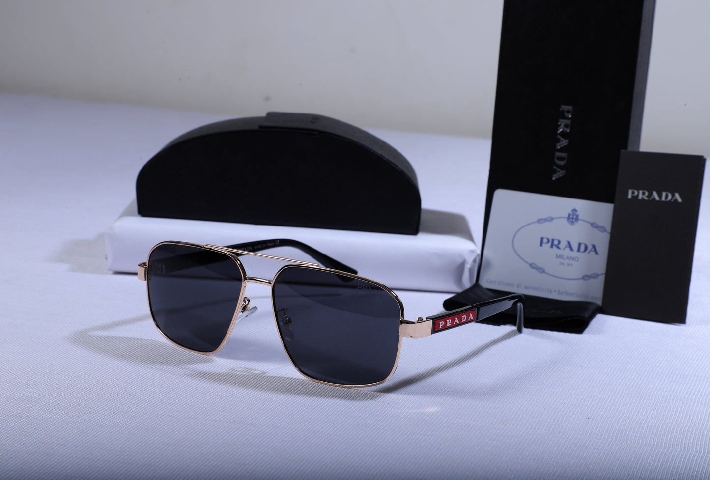 PRADA Radiant Onyx Premium Aviator Sunglasses with Gilded Frame