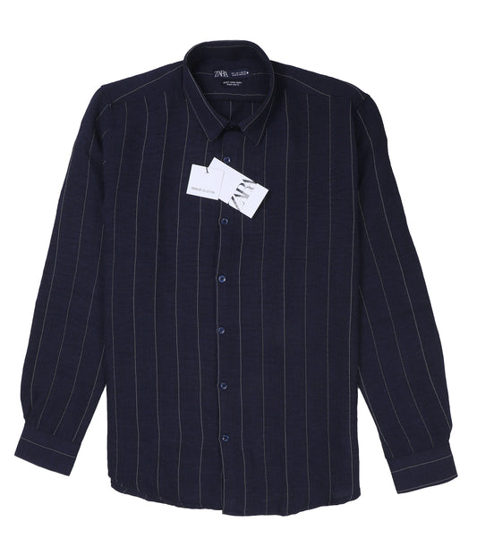 ZARA Midnight Teal Tailored Fit Long Sleeve Striped Shirt