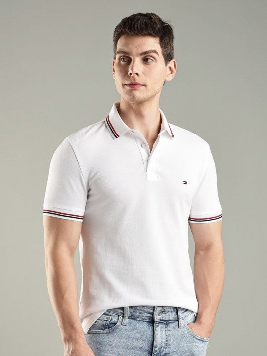TOMMY HILFIGER White Classic Fit Striped Collar Polo Shirt