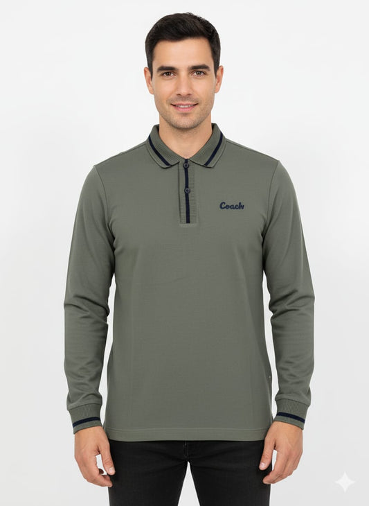COACH Enchanted Sage Tailored Fit Long Sleeve Piqué Polo Shirt