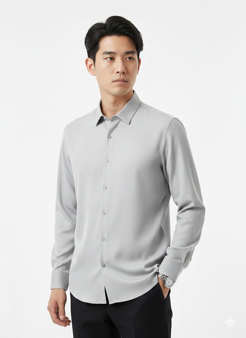 EMPORIO ARMANI Misty Silver Tailored Fit Long Sleeve Button-Up Shirt