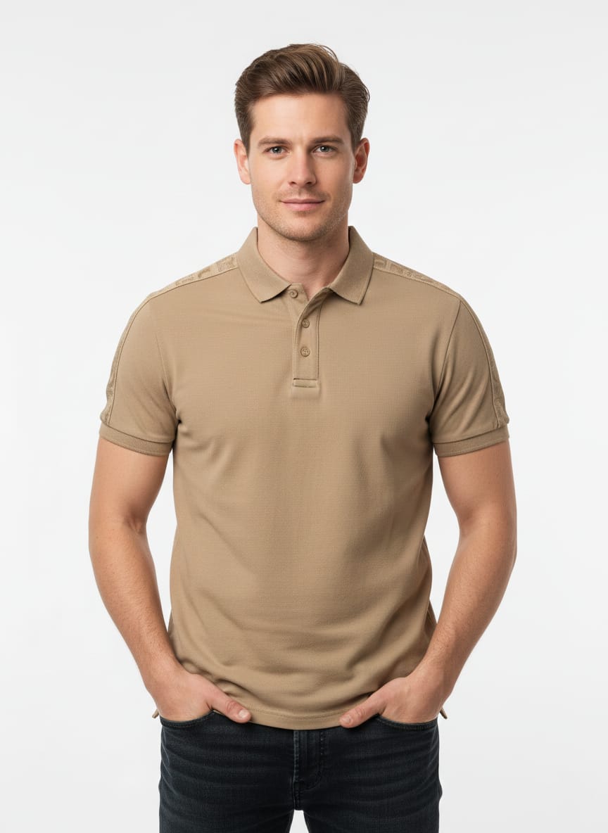 KARL LAGERFELD Sunlit Taupe Luxe Fit Polo Shirt with Shoulder Accents