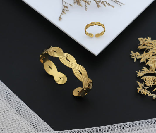 Elegant Adornments Wave Cuff Bracelet & Ring Set