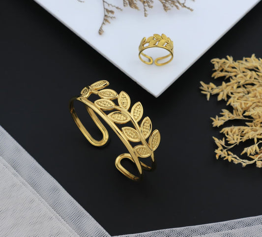 Elegant Adornments Golden Leaf Cuff and Ring Set