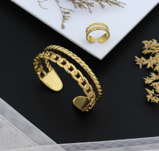 Elegant Gold Braided Cuff & Ring Set