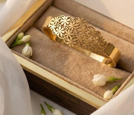 Elegant Adornments Floral Cutout Gold Cuff Bracelet