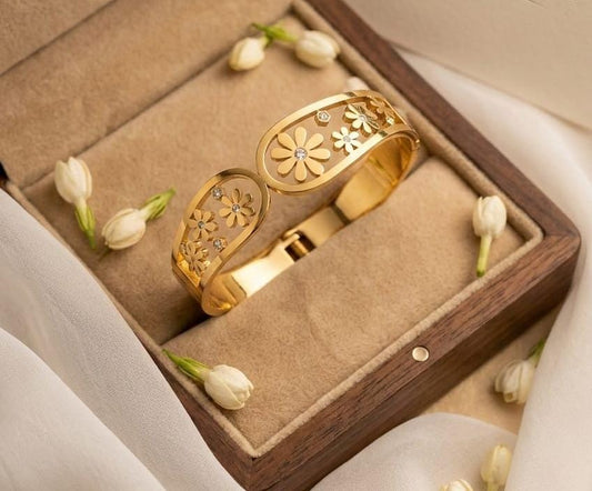 ELEGANT ADORNMENTS Luminous Honey Gold Floral Cuff Bracelet