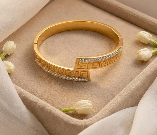 VERSACE Radiant Champagne Greek Key Cuff Bracelet with Crystals