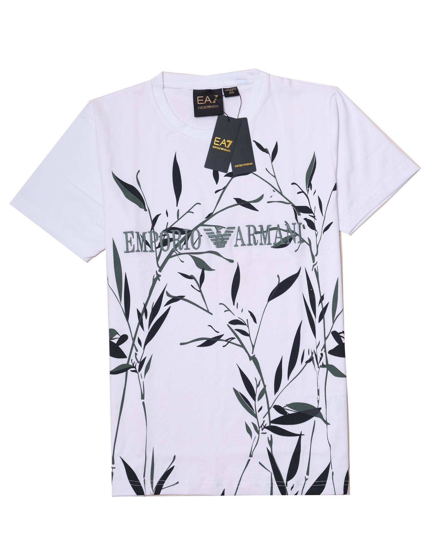 EA7 Emporio Armani White Olive Leaf Print Logo Graphic T-shirt