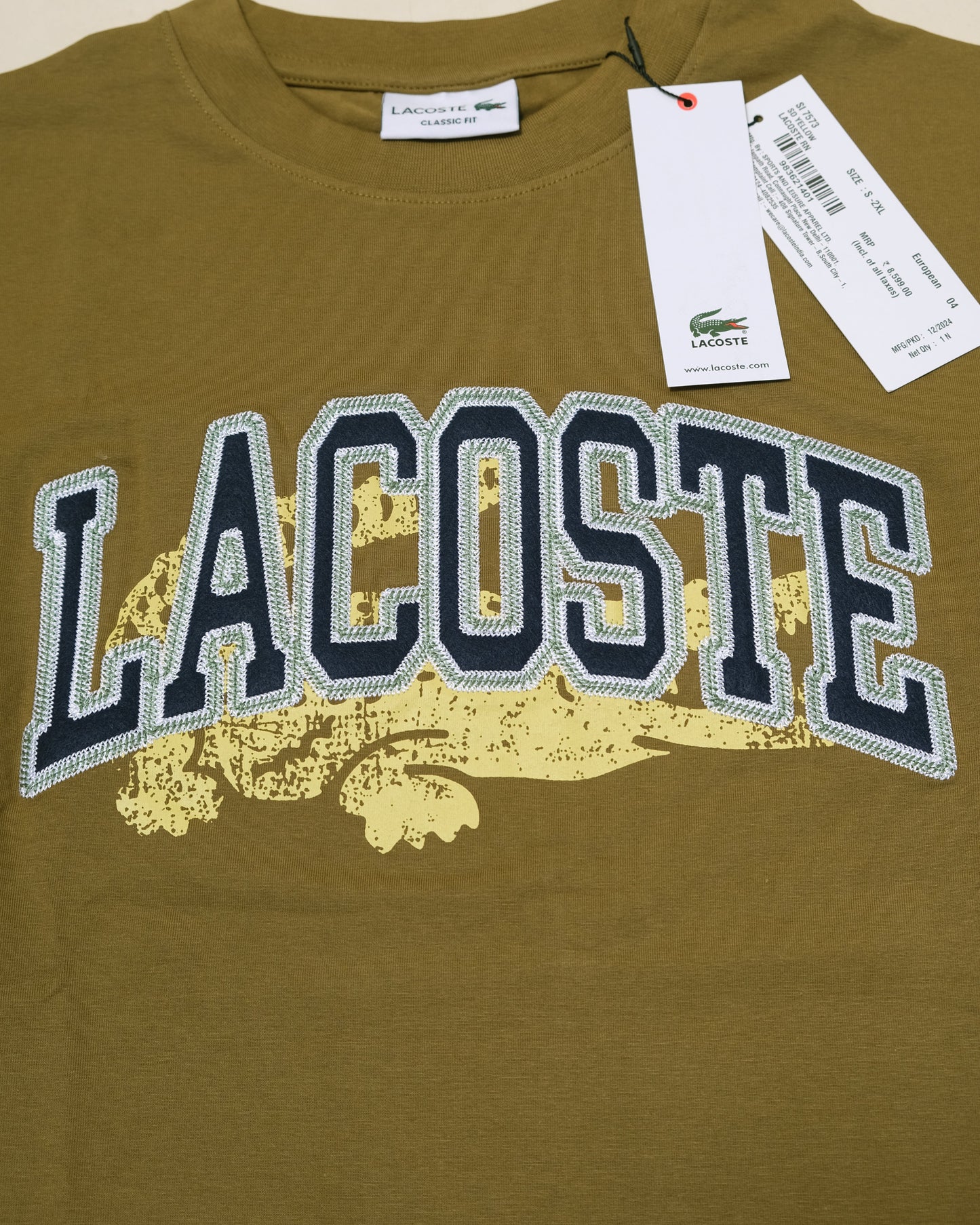 LACOSTE Olive Green Varsity Logo Graphic Tee