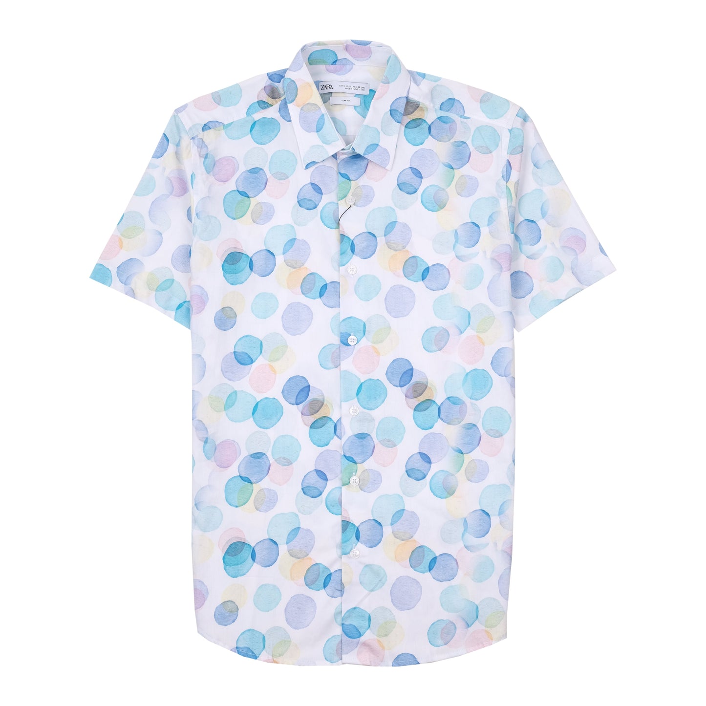ZARA Pastel Blue Multicolor Overlapping Dots Short Sleeve Cotton Shirt
