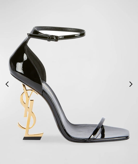 YSL Midnight Onyx Luxe Fit Ankle Strap Heels with Dazzling Gold Detail