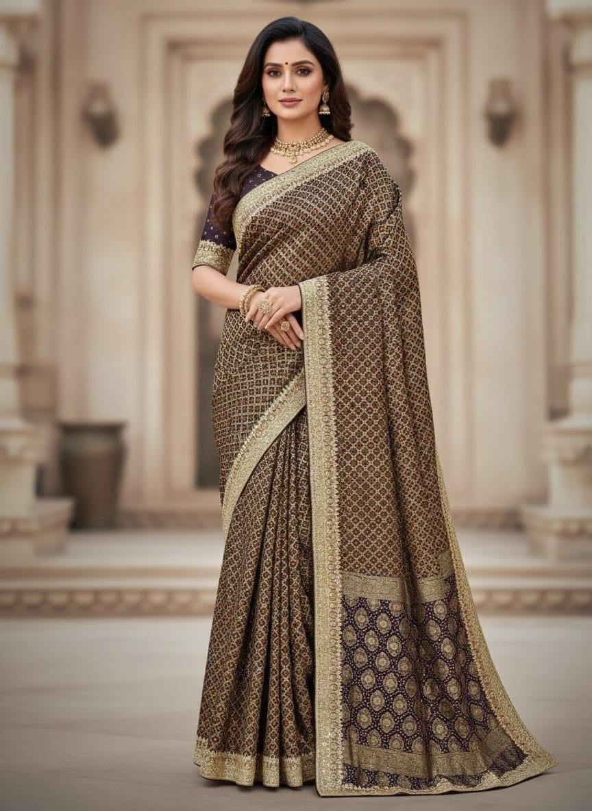 Elegant Attire Luxe Brown & Gold Embellished Saree