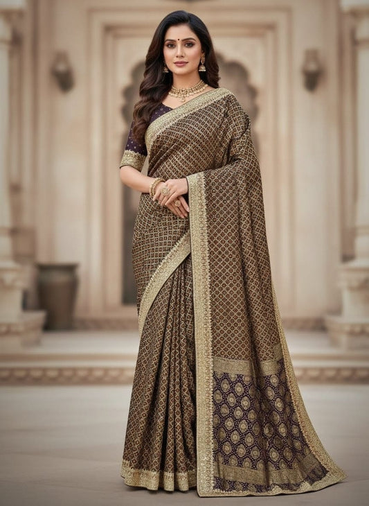 Elegant Attire Luxe Brown & Gold Embellished Saree