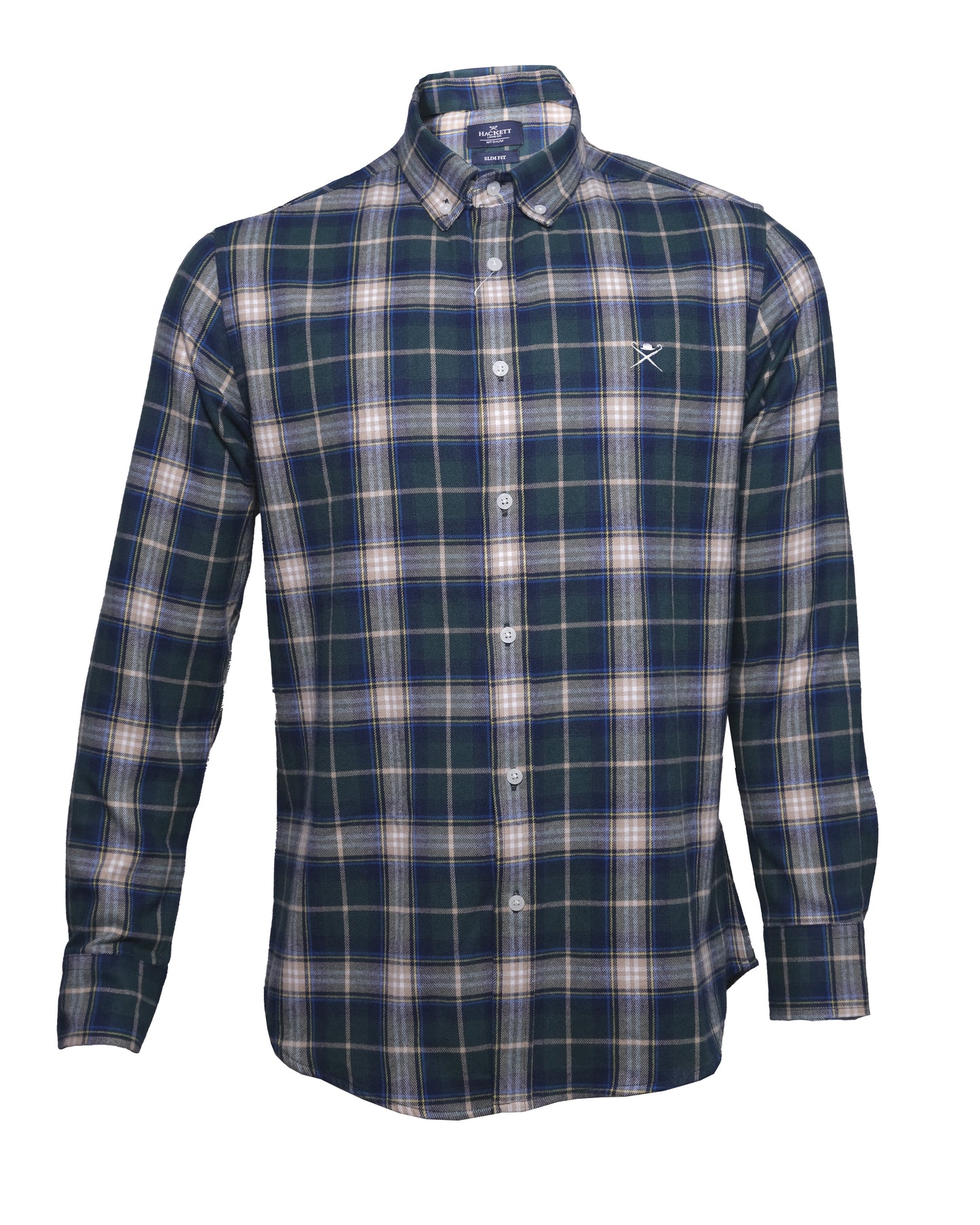 HACKETT LONDON Navy Green Slim Fit Tartan Check Button-Down Shirt