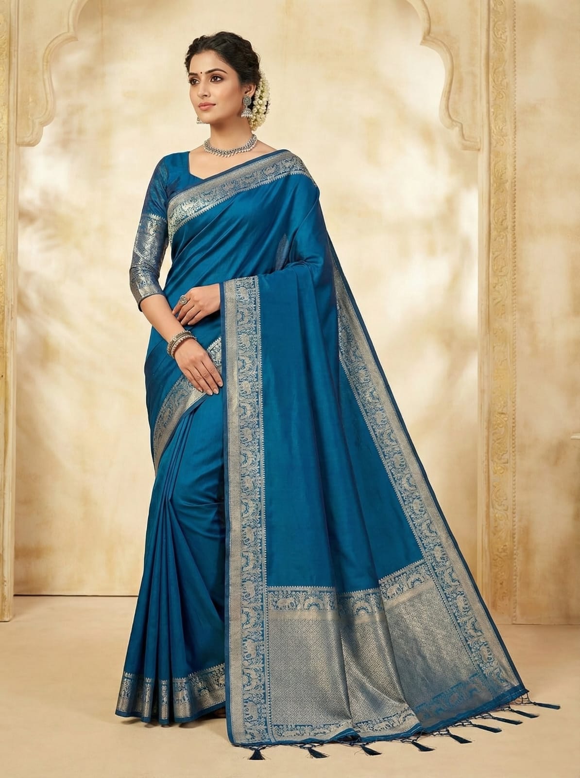 Elegant Weaves Royal Blue Silk Saree with Silver Zari Border