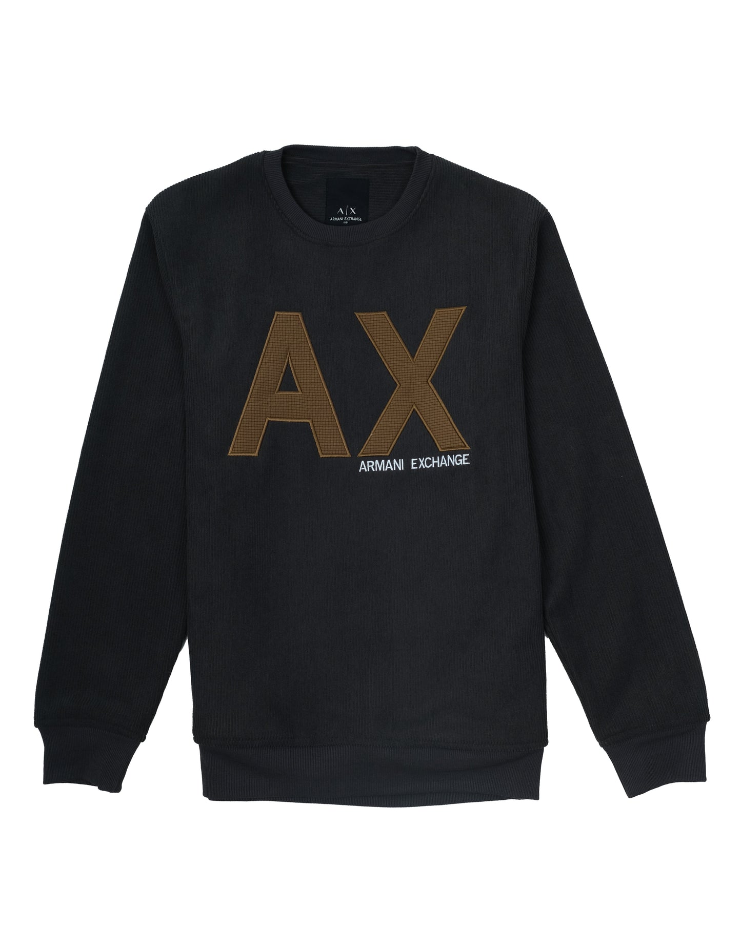 ARMANI EXCHANGE Black Gold AX Logo Ribbed Crewneck Sweatshirt