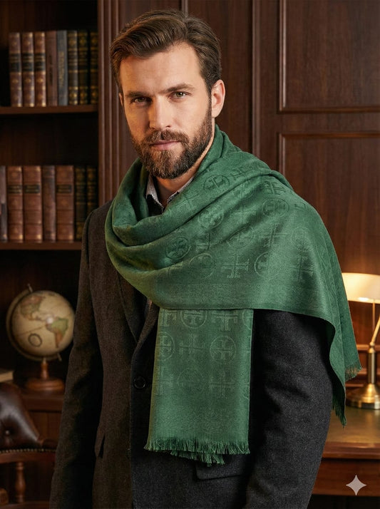 Hermès Monogrammed Green Cashmere Scarf