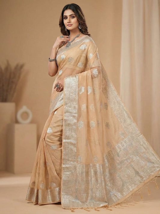 Elegant Weaves Golden Silk Saree with Silver Zari Embroidery