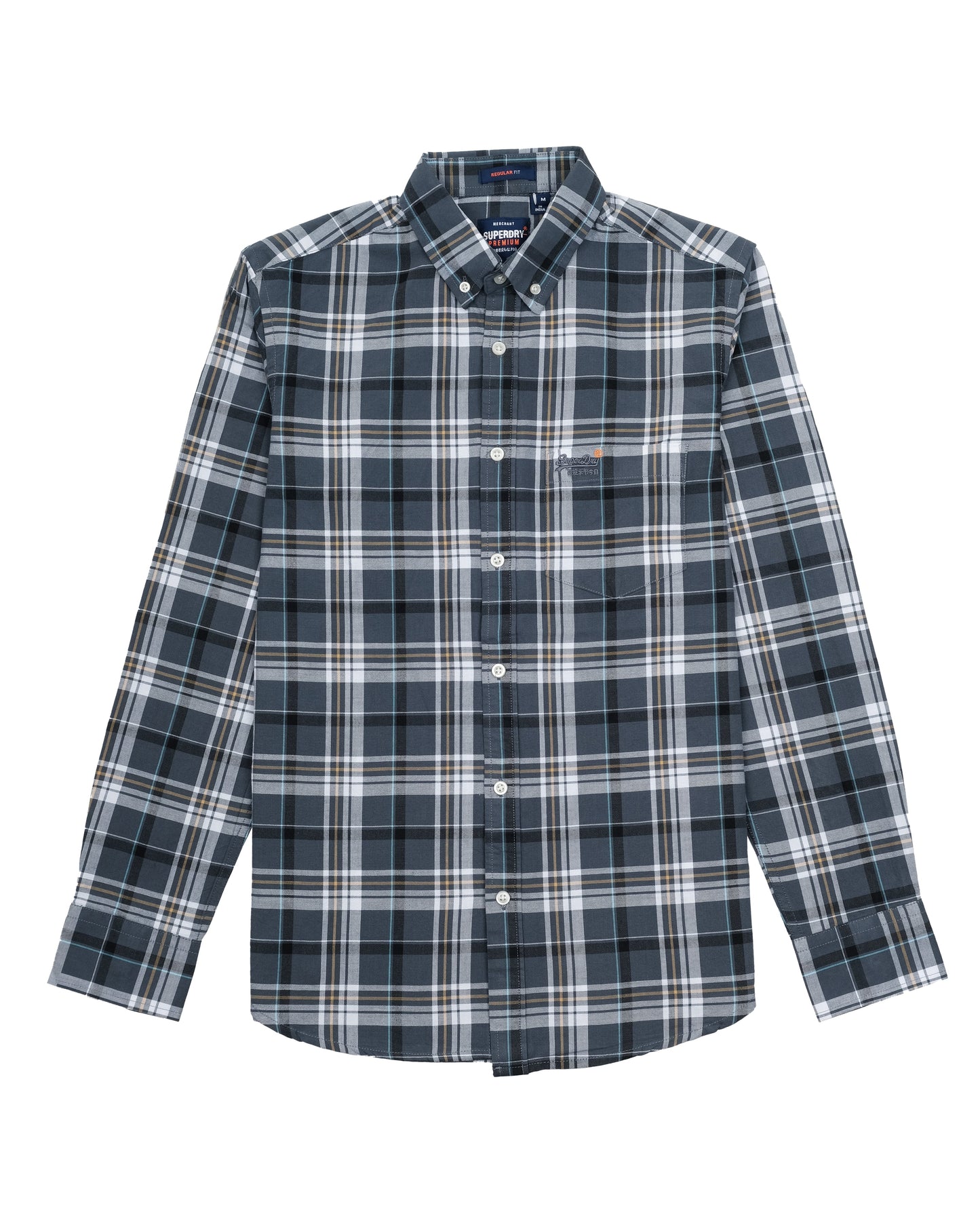 SUPERDRY Navy Grey Tartan Worker Long Sleeve Check Shirt